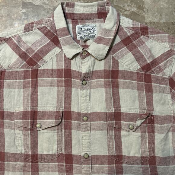 Lucky Brand Pearl Snap Shirt Mens Large Plaid 100% Linen Dobby Western Yoke - Picture 1 of 9